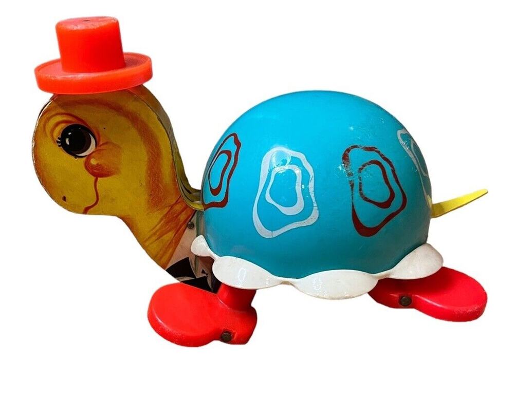 Vintage 1962 Fisher Price Tip Toe Turtle Pull Along Wood & Plastic Toy #773